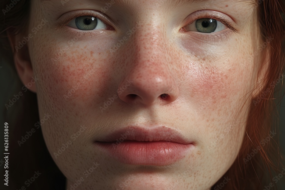 a close up of a woman with freckles,rosacea couperose redness skin.Generative Ai a close up of a woman with freckles,rosacea couperose redness skin.Generative Ai