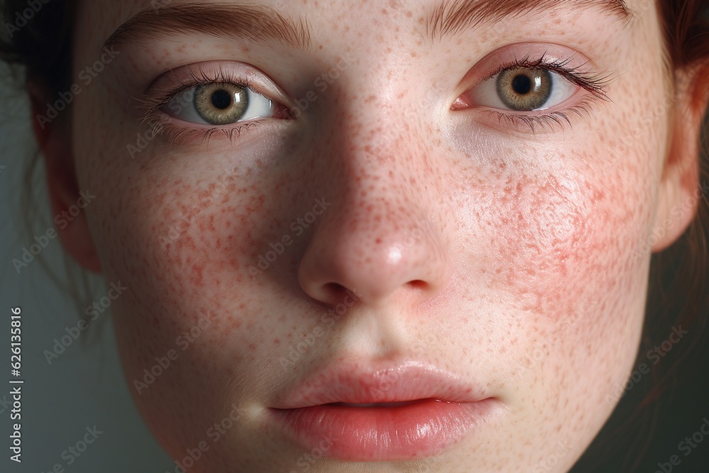 a close up of a woman with freckles,rosacea couperose redness skin.Generative Ai a close up of a woman with freckles,rosacea couperose redness skin.Generative Ai