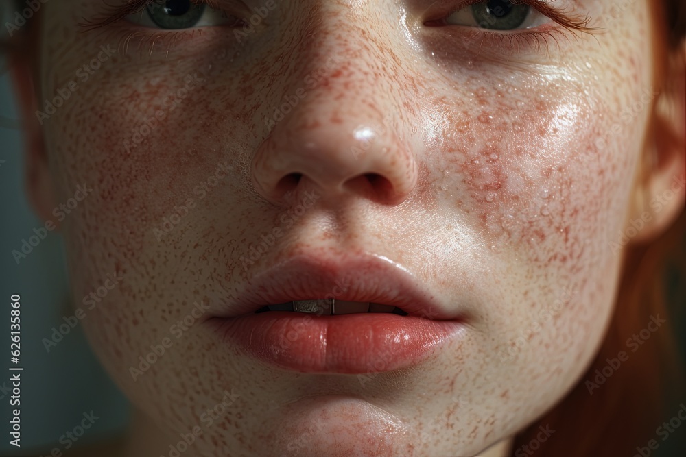a close up of a woman with freckles,rosacea couperose redness skin.Generative Ai a close up of a woman with freckles,rosacea couperose redness skin.Generative Ai