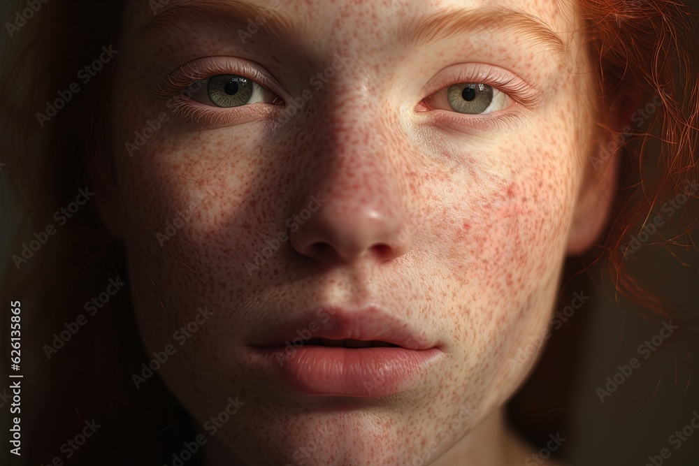 a close up of a woman with freckles,rosacea couperose redness skin.Generative Ai a close up of a woman with freckles,rosacea couperose redness skin.Generative Ai