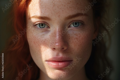 a close up of a woman with freckles,rosacea couperose redness skin.Generative Ai © Rudsaphon