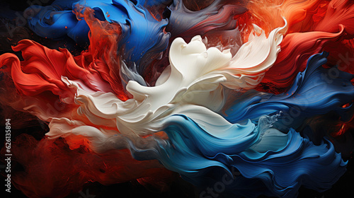 Create an abstract artwork inspired by the flag of France, featuring flowing surrealism elements. Think of soft sculptures and precisionist lines to depict the flag's colors of blue, red, and white. A