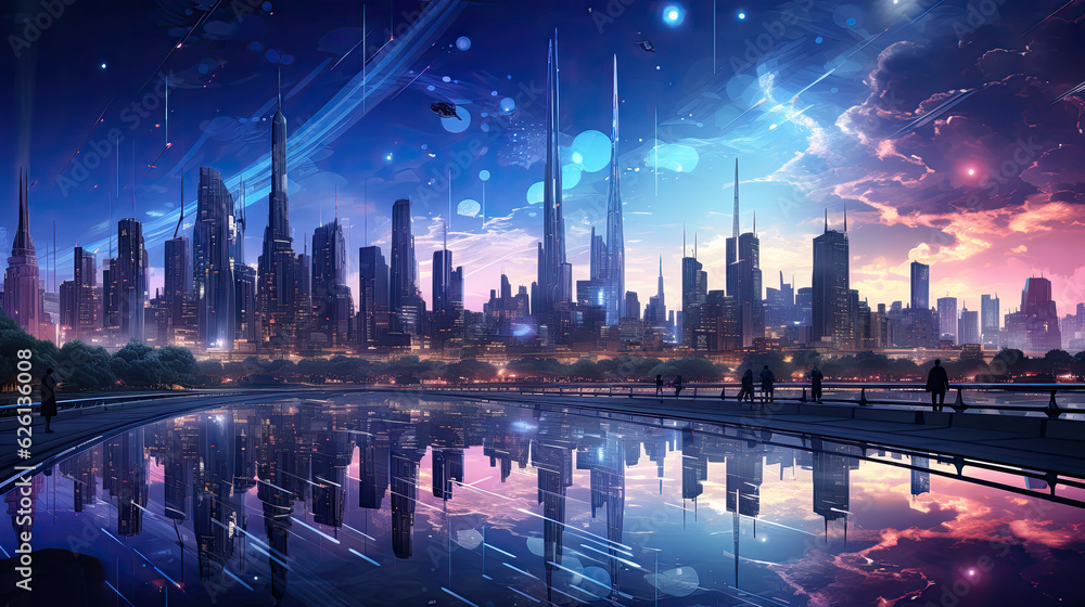 Background image presenting a chaotic urban sprawl, reflecting cyberpunk aesthetics in neon pinks and electric blues, featuring silhouettes of cityscapes and light reflections in urban digital art.