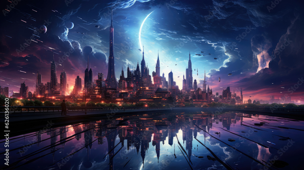Fototapeta premium Background image presenting a chaotic urban sprawl, reflecting cyberpunk aesthetics in neon pinks and electric blues, featuring silhouettes of cityscapes and light reflections in urban digital art.