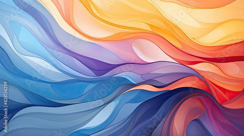 Abstract background portraying balance and harmony through complementary colors like orange and blue, and incorporating elements like Yin and Yang symbols and symmetrical arrangements.