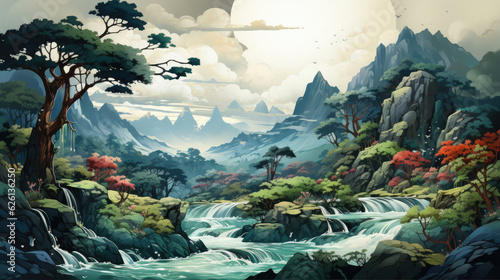 Background image illustrating cascading waterfalls  rendered in the tranquil style of Japanese Ukiyo-e  with colors of misty blues and forest greens and flowing water effects  like a digital woodblock