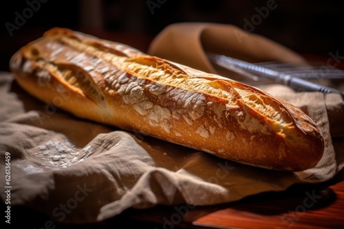 loaf of french bread sitting on a cloth, created by Generative AI