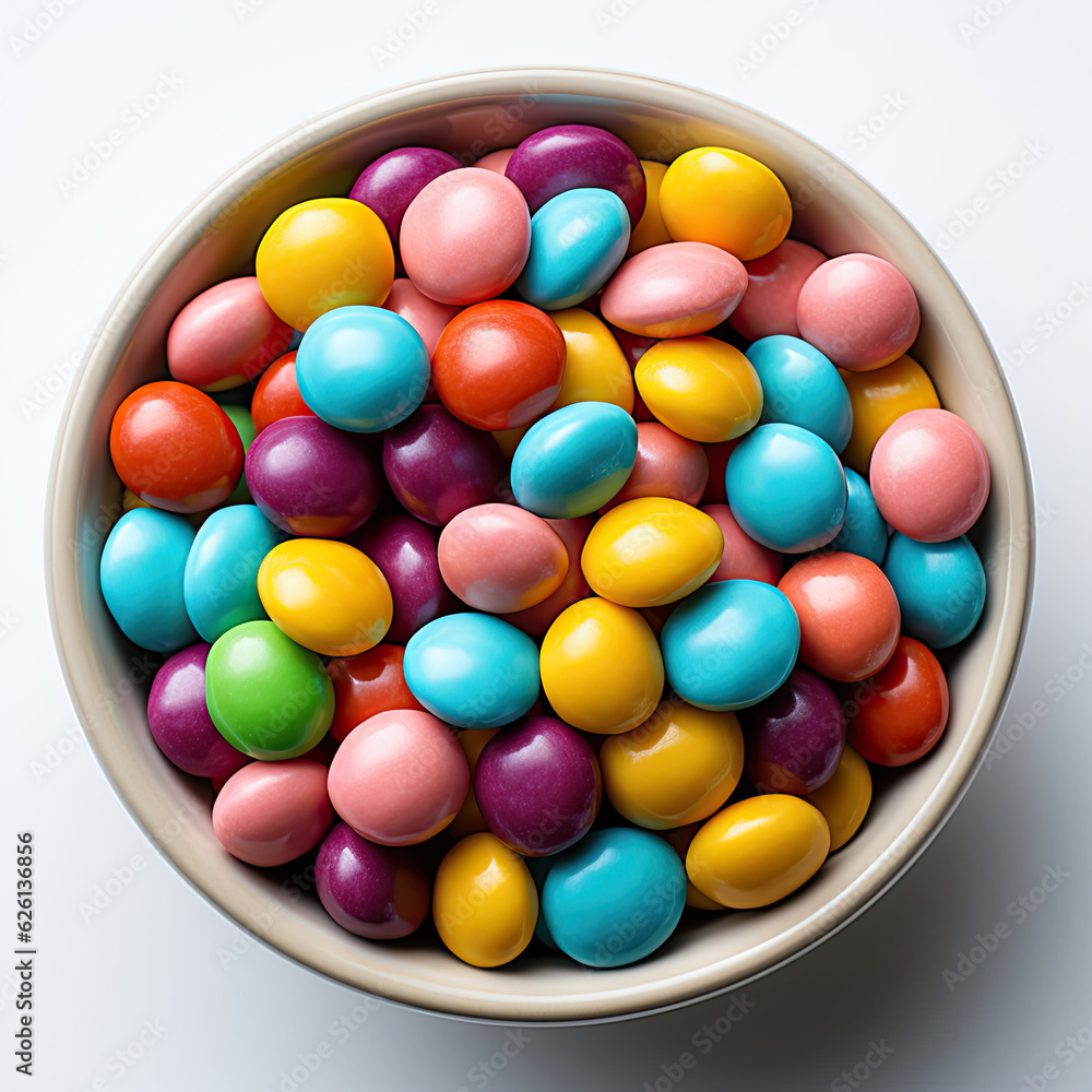 A handful of rainbow-colored M&M's, each one a different hue, on a stark white surface. A handful of rainbow-colored M&M's, each one a different hue, on a stark white surface.