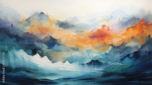 Natural landscape-inspired abstract background with elements of mountains, forests, or bodies of water. Harmonious color palette and textural layering evoke the depth and richness of the natural world © GraphicsRF