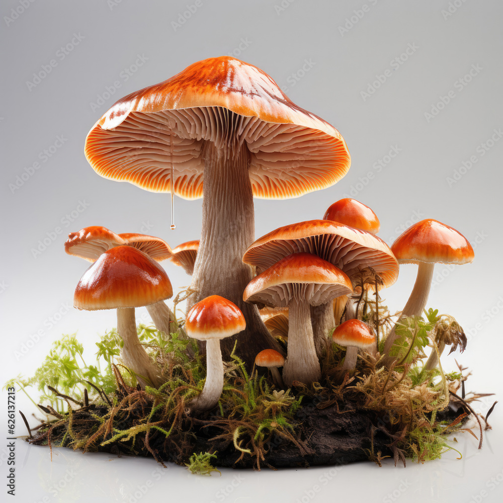 A single, fresh mushroom, its cap and stem perfectly detailed, against a white backdrop. A single, fresh mushroom, its cap and stem perfectly detailed, against a white backdrop.