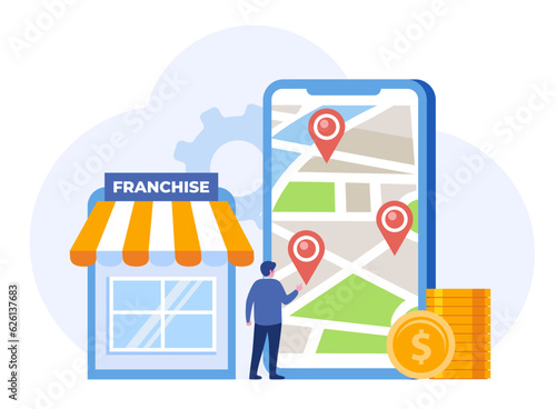 franchise shop, business concept, start up strategy, expansion, teamwork and development, company, flat vector illustration banner for website