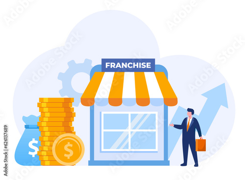 franchise shop, business concept, start up strategy, expansion, teamwork and development, company, flat vector illustration banner for website