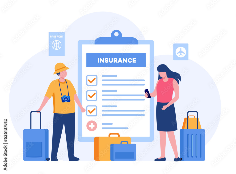 Travel insurance concept, protection, safe, business trip, traveler, vacation, airplane accident, policy flat vector banner for landing page website