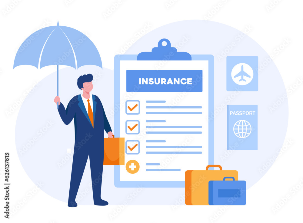 © yelosmiley - Travel insurance concept, protection, safe, business trip, traveler, vacation, airplane accident, policy flat vector banner for landing page website © yelosmiley - Travel insurance concept, protection, safe, business trip, traveler, vacation, airplane accident, policy flat vector banner for landing page website