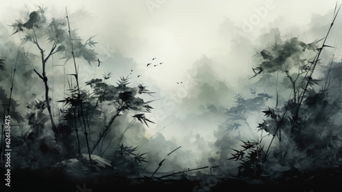 Ink painting style representation of a bamboo forest