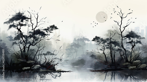 Ink painting style representation of a bamboo forest © GraphicsRF