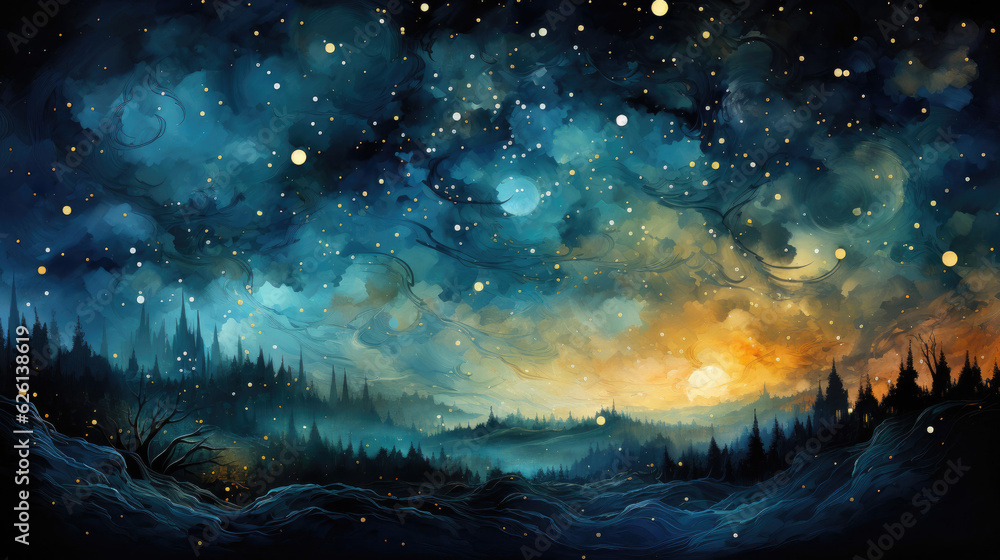 Celestial themed abstract background using a night-sky color palette with shades of deep blue, stars, and a crescent moon. Celestial themed abstract background using a night-sky color palette with shades of deep blue, stars, and a crescent moon.