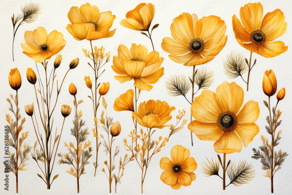 Yellow flowers watercolor background. Generative AI - obrazy, fototapety, plakaty 