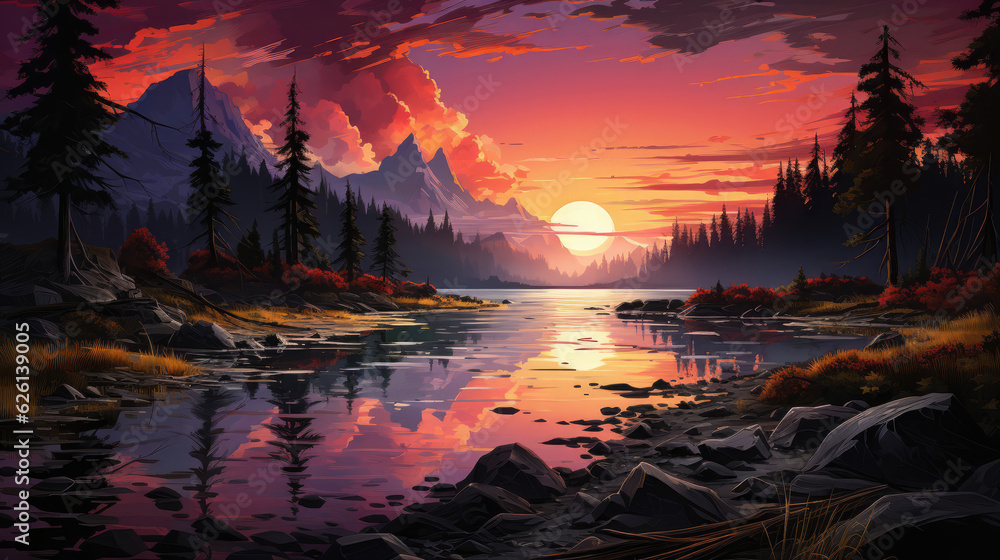 Background image of a serene lake at sunset rendered in the style of digital pastels, shaded in colors of twilight purple and sunset orange, capturing serene landscapes and tranquil scenes, digitally 