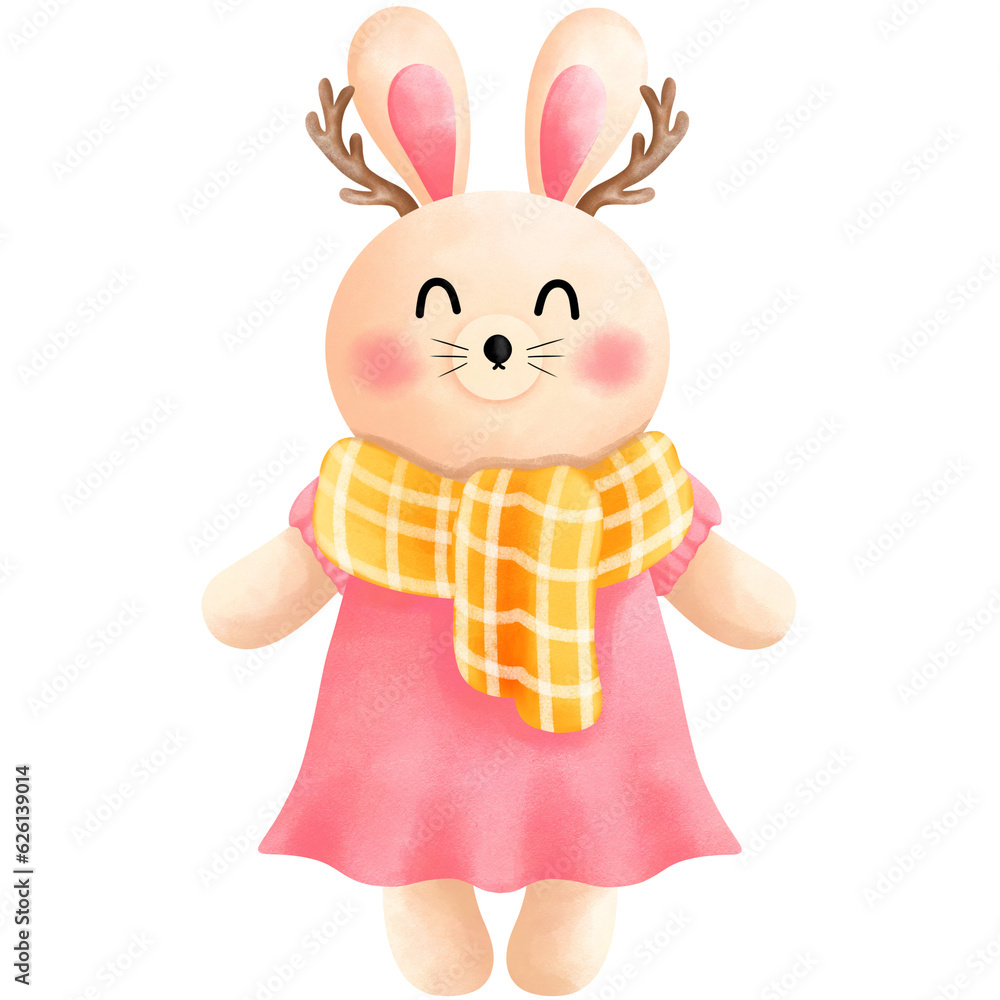 Obraz premium Festive christmas bunny clipart.Cute little bunny with antlers,pink dress and yellow scarf.