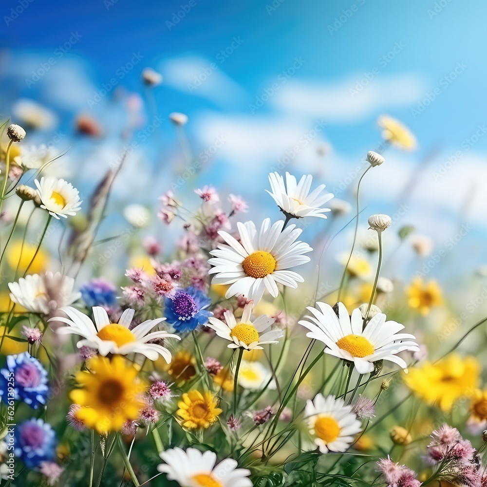Beautiful meadow with blooming white, yelow daisies and wild flowers against a blue sky with sun in natural park in summer sunshine. Beautiful meadow with blooming white, yelow daisies and wild flowers against a blue sky with sun in natural park in summer sunshine.