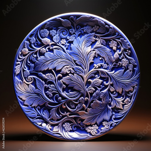 A blue porcelain plate with intricate designs, under a soft white glow.