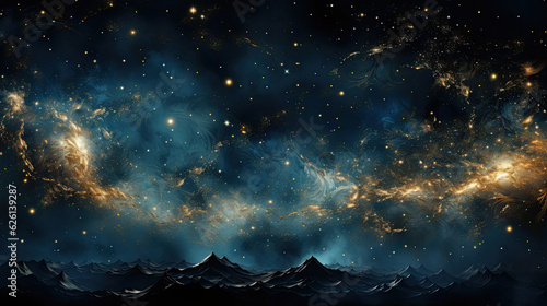 Cosmic and celestial themed abstract background with a deep indigo and midnight blue base, featuring elements like constellations and stardust in silver and gold.