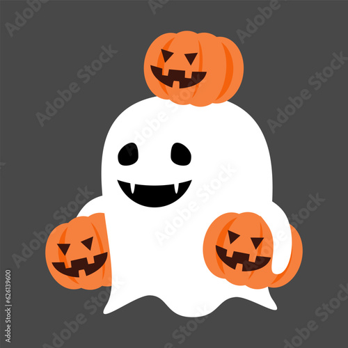 Cute white ghost hold pumpkin . Halloween cartoon character . Flat design . Vector .