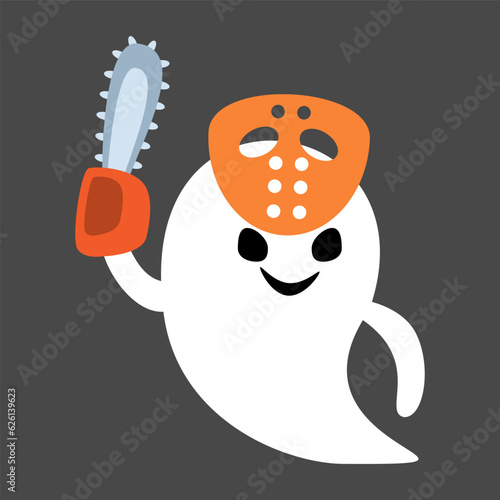 Cute white ghost with murderer costume . Halloween cartoon character . Flat design . Vector .