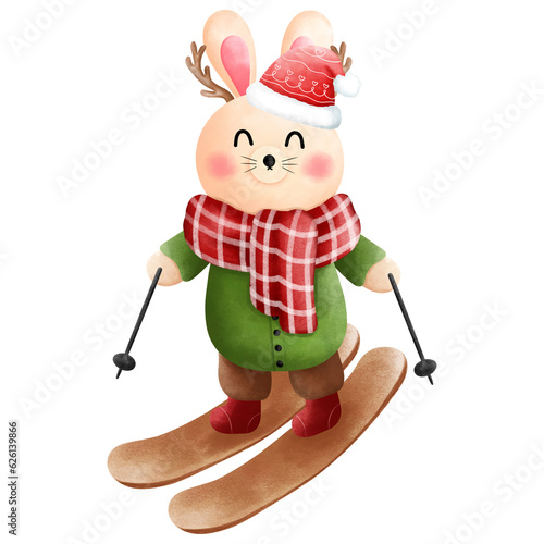 Adorable watercolor bunny with antlers skiing in a green sweater and brown pants.