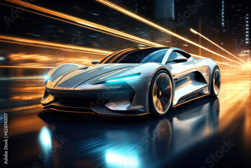 Fotografia, Obraz The realism of electric cars Futuristic sports cars on the highway Powerful acceleration of a super car on a night track with lights and trails