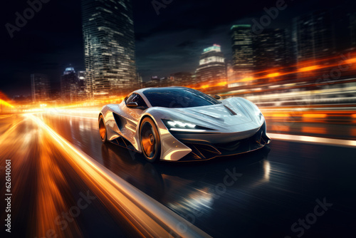 The realism of electric cars Futuristic sports cars on the highway Powerful acceleration of a super car on a night track with lights and trails. 3D illustrations. Realistic wide angle lens.