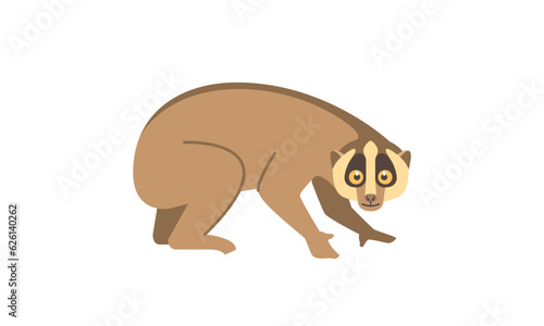 Slow Loris (Nycticebus coucang) in side angle view, flat style vector illustration isolated on white background