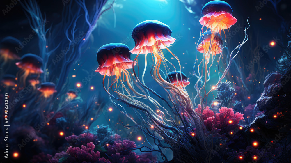 Background image displaying deep sea exploration, inspired by Art Nouveau, bathed in colors of abyss black and bioluminescent blue, revealing marine creatures in an underwater fantasy, all digitally s Background image displaying deep sea exploration, inspired by Art Nouveau, bathed in colors of abyss black and bioluminescent blue, revealing marine creatures in an underwater fantasy, all digitally s