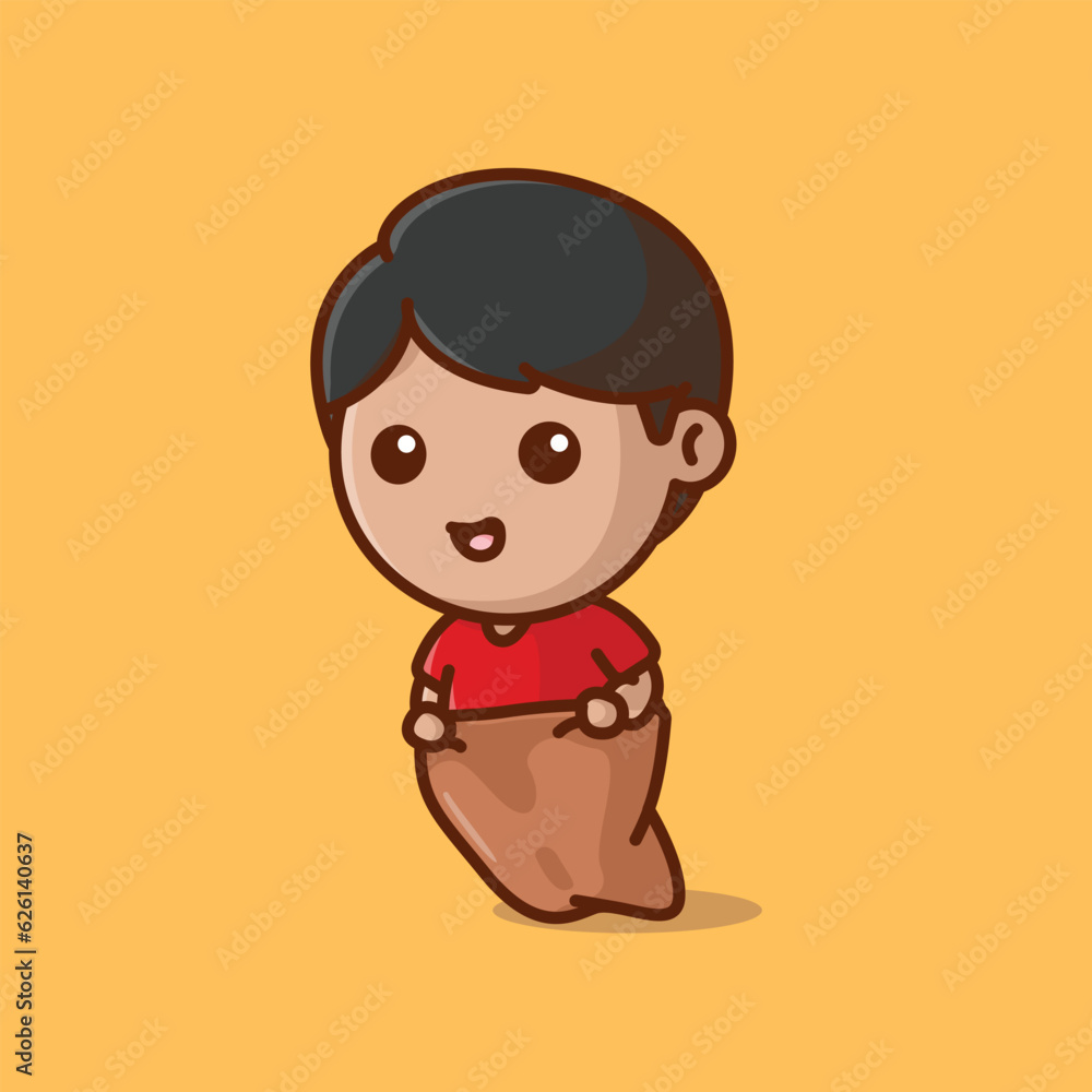 Cute boy red tshirt sack race cartoon vector illustration competition icon concept Cute boy red tshirt sack race cartoon vector illustration competition icon concept