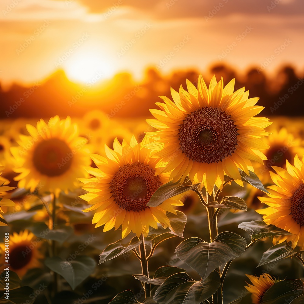 Fototapeta premium Blooming yellow sunflowers in summer under the evening sky just after the sunset. Haze on the horizon; focus on the sunflowers on the foreground.