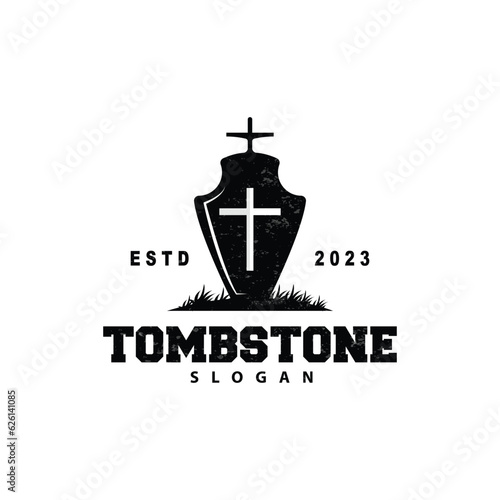 Tombstone Logo, Tomb Cemetery Cross, Vector Vintage Label, Retro Badge, Inspirational Design