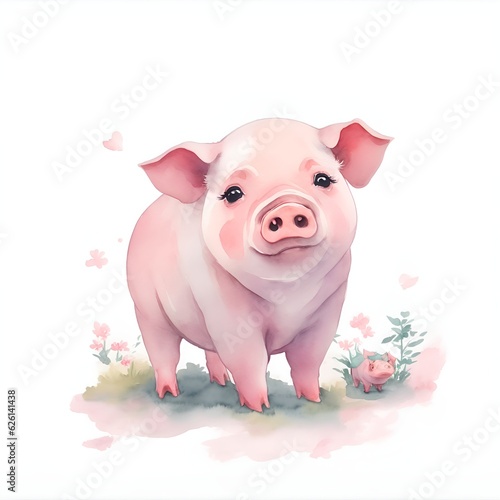 Pig in Chibi style in watercolor style