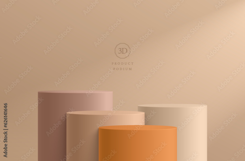 3D background with set of realistic beige, brown and orange cylinder pedestal podium. Abstract minimal wall scene. Mockup product display. geometric platforms. Stage for showcase. 3D vector rendering. 3D background with set of realistic beige, brown and orange cylinder pedestal podium. Abstract minimal wall scene. Mockup product display. geometric platforms. Stage for showcase. 3D vector rendering.
