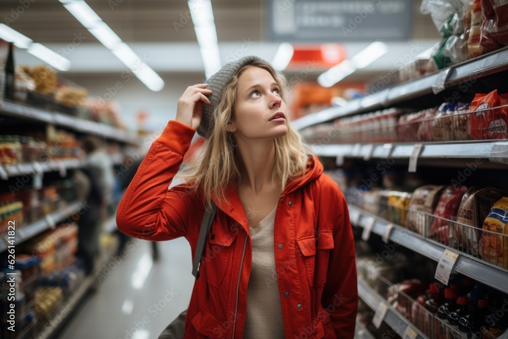 Young women buying in supermarkets and feeling worried about increases in food prices. Young women buying in supermarkets and feeling worried about increases in food prices.