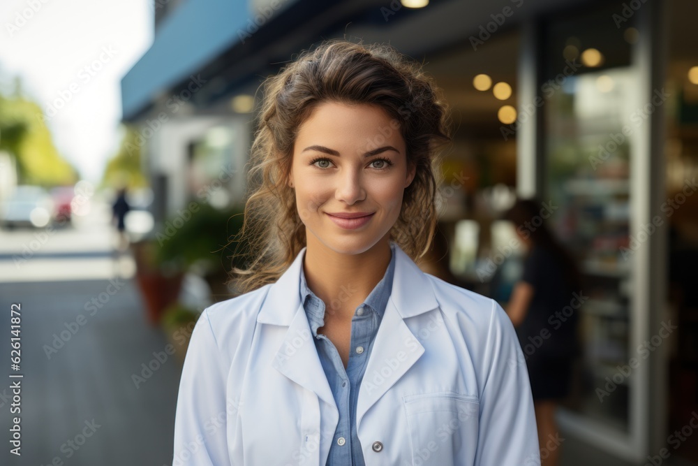 Confident female pharmacist in a pharmacy looking at the camera Confident female pharmacist in a pharmacy looking at the camera