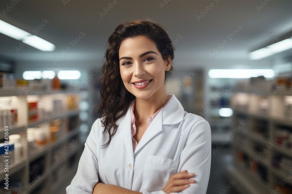 Confident female pharmacist in a pharmacy looking at the camera Confident female pharmacist in a pharmacy looking at the camera