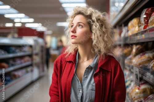 Young women buying in supermarkets and feeling worried about increases in food prices.