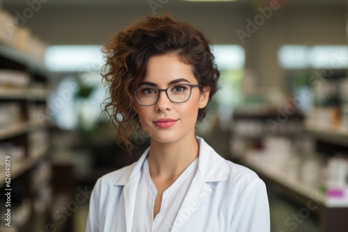 Confident female pharmacist in a pharmacy looking at the camera