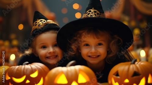 Halloween concept .Happy kid at halloween party night background. Generative ai.
