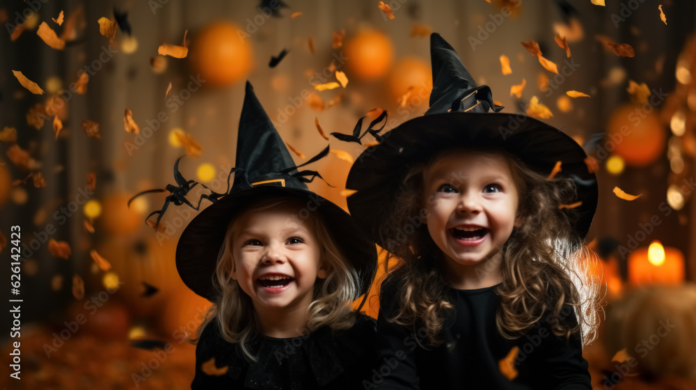 Halloween concept .Happy kid at halloween party night background. Generative ai. Halloween concept .Happy kid at halloween party night background. Generative ai.