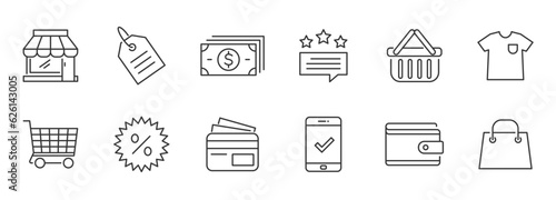 Ecommerce icons set thin line vector design editable. Shopping icon, marketplace, shopping cart, discount, money, t-shirt, shopping bag, tag, payment, wallet, pocket book, basket, protected, review