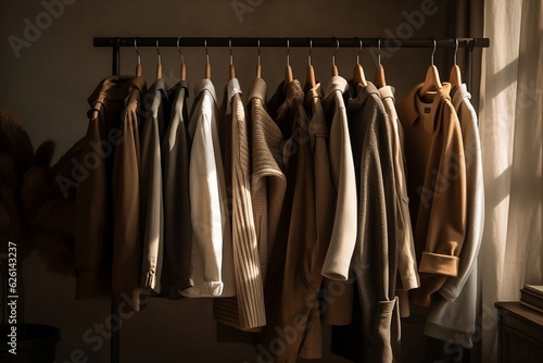 Trendy male man beige autumn capsule wardrobe with different jackets and shirt on brown background. Building stylish wardrobe, Seasonal capsule for easy dressing, order things concept. Generative AI © Valeriia