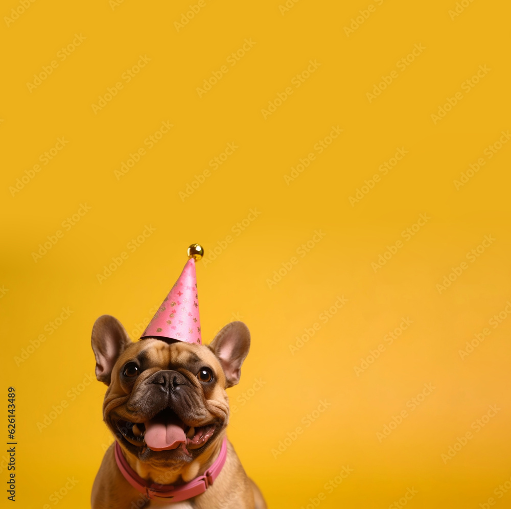 Vertical Banner for Web of French Bulldog pet with a happy face at funny birthday party wearing colourful hat yellow background. Holidays celebrations concept. Advertising postcards. Generative AI