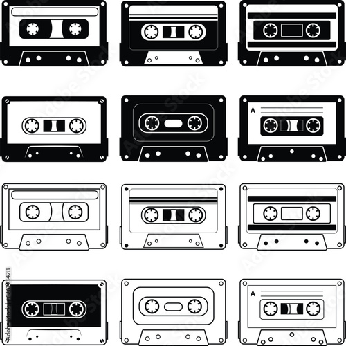 Set of Cassette tape silhouettes. Retro tapes clipart